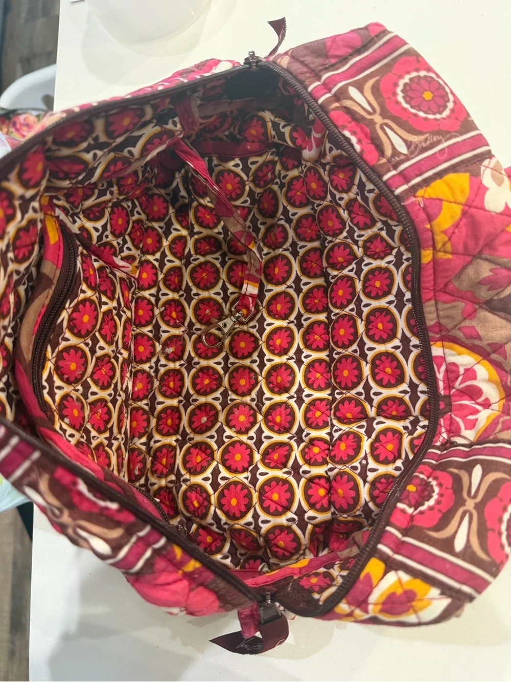 Vera Bradley Pink and Brown Quilted Floral Tote with Yellow Accents